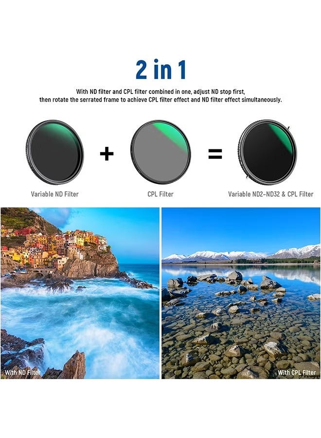 نيوير فلتر NEEWER 2 في 1 67 مم متغير ND ND2–ND32&CPL (فلتر استقطاب دائري) بدون تقاطع X/30 طبقة مطلية بالنانو/زجاج بصري عالي الدقة/إطار من سبائك الألومنيوم فائق النحافة/مقاوم للماء/مقاوم للخدش - Image 2