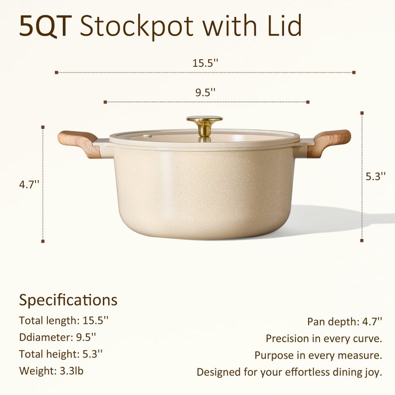 CAROTE 5 Qt Nonstick Stock Pot with Lid Soup Pot, Ceramic 5 Quart Casserole with Lid, Easy to Clean Non Stick Cooking Pot Cookware PFOA Free, Ceramic Oatmeal - Image 2