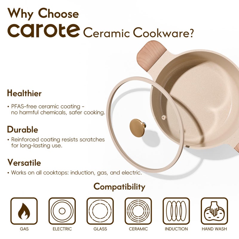 CAROTE 5 Qt Nonstick Stock Pot with Lid Soup Pot, Ceramic 5 Quart Casserole with Lid, Easy to Clean Non Stick Cooking Pot Cookware PFOA Free, Ceramic Oatmeal - Image 5
