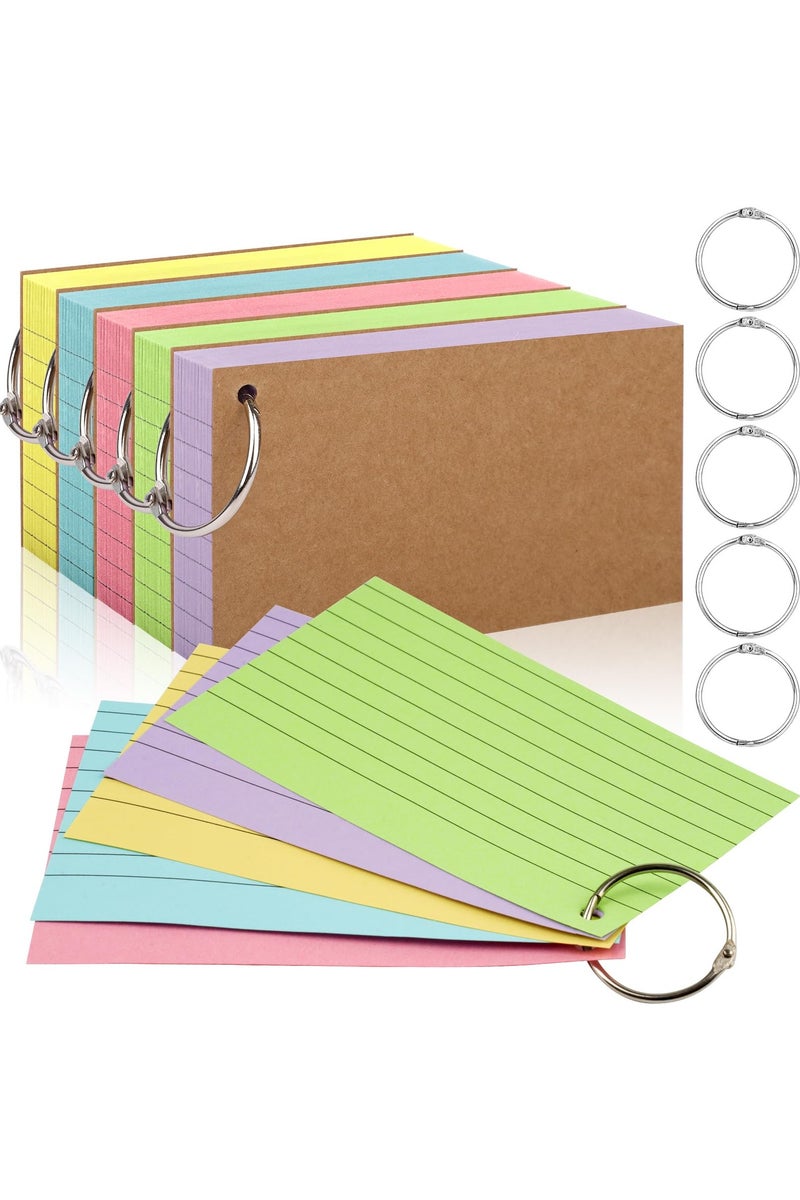250 Pcs Index Cards With Ring, 7.6x12.7 cm Flash Cards With Rings, Colored Heavy Notecards With Ring, Punched Lined Study Cards For School, College, Home, Office, Memory, To Do List (5 Colors) - Image 1