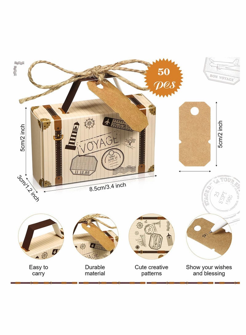 Small Candy Boxes, 50pcs Travel Suitcase Favor Boxes with Burlap Twine, Mini Vintage Kraft Candy Favor Boxes Gift Bags for Wedding Bridal Shower Travel Theme Party Supplies Party Rustic Candy Boxes - Image 4