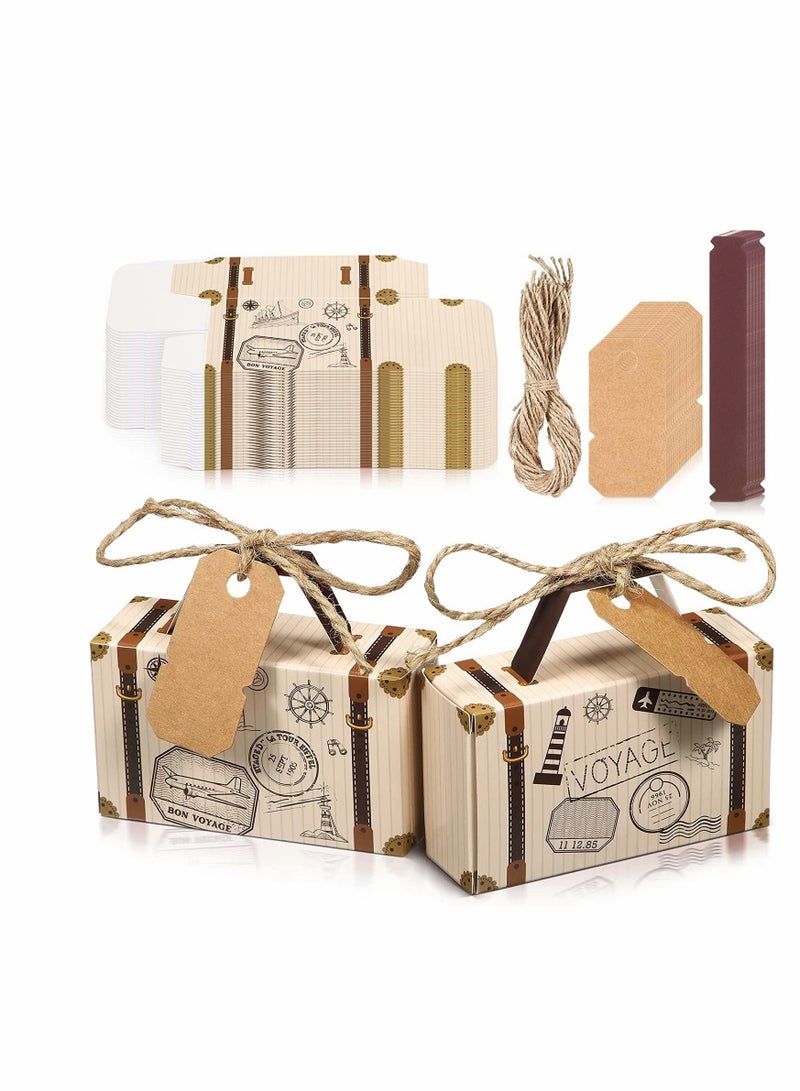 Small Candy Boxes, 50pcs Travel Suitcase Favor Boxes with Burlap Twine, Mini Vintage Kraft Candy Favor Boxes Gift Bags for Wedding Bridal Shower Travel Theme Party Supplies Party Rustic Candy Boxes - Image 1