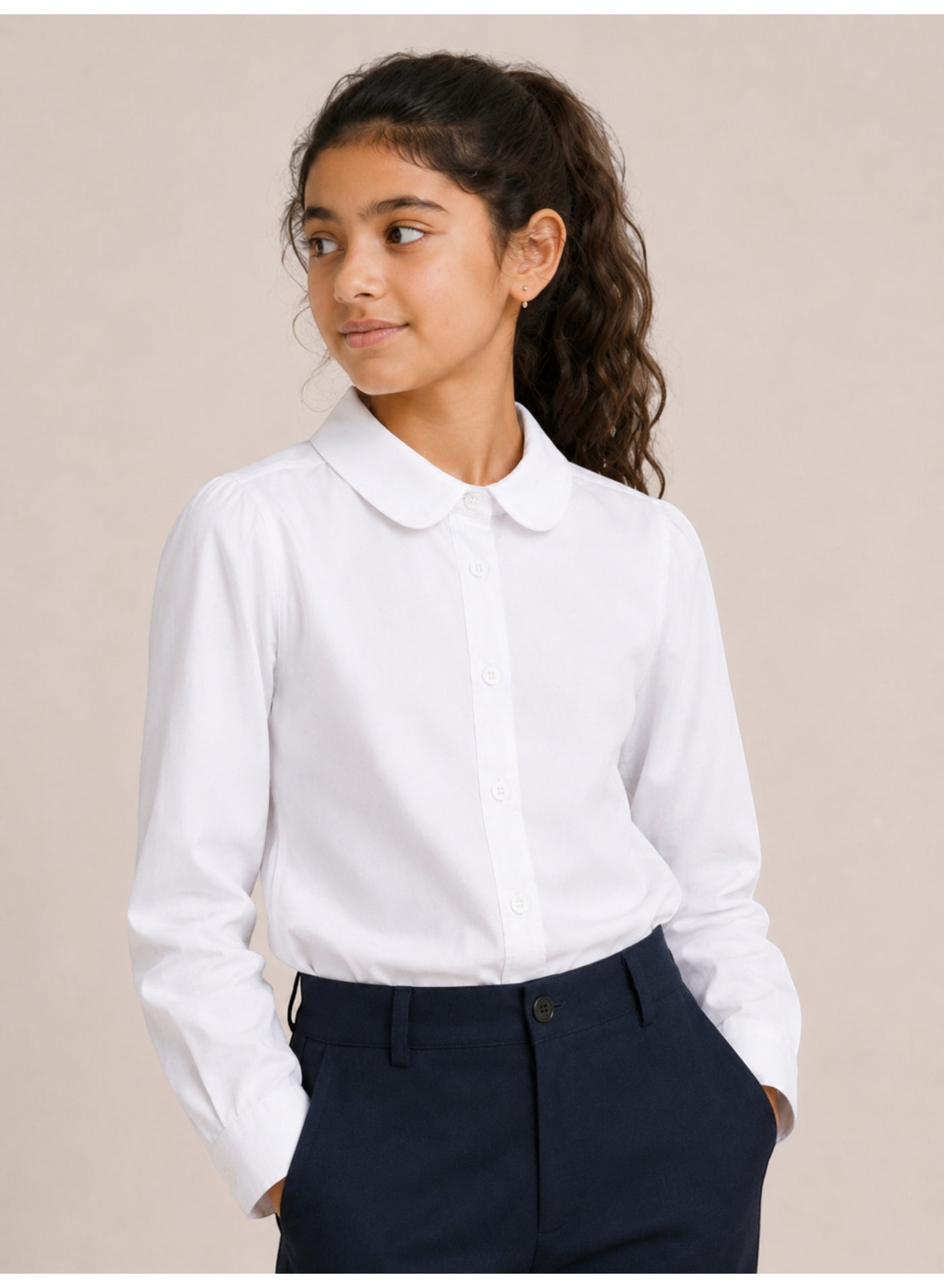 victor and jane White Senior Girls Long Sleeve Collared Shirt