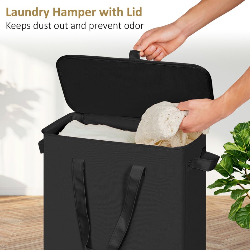 efluky Slim Laundry Basket with Lid, Narrow Laundry Hamper with Handles, Collapsible Dirty Clothes Hamper, Tall Laundry Bin for Laundry Room, Dorm and Bedroom, 55L Black - Image 3