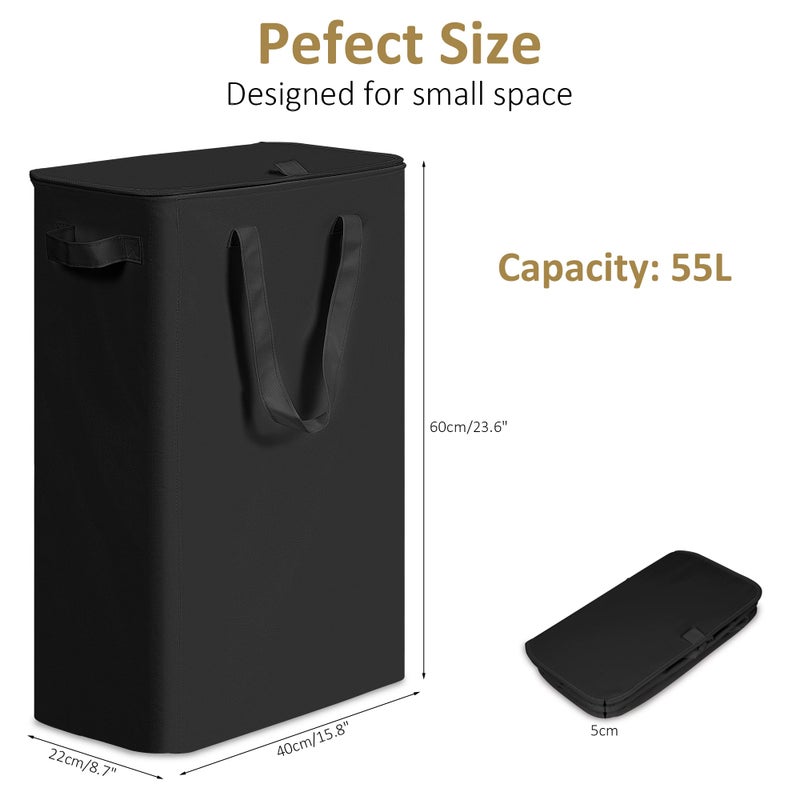 efluky Slim Laundry Basket with Lid, Narrow Laundry Hamper with Handles, Collapsible Dirty Clothes Hamper, Tall Laundry Bin for Laundry Room, Dorm and Bedroom, 55L Black - Image 2
