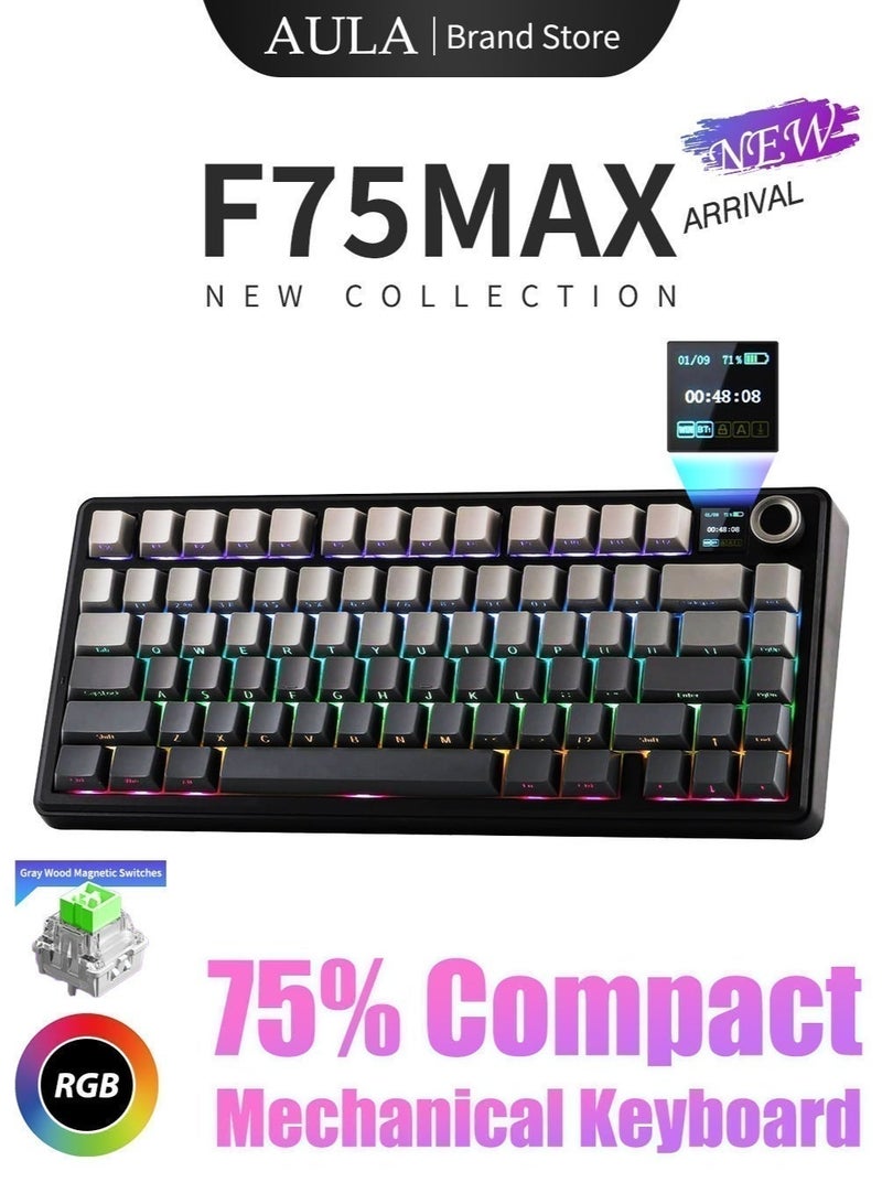 أولا كيبورد قيمنق Aula F75 MAX، لوحة مفاتيح ميكانيكية لاسلكية، لوحة مفاتيح مغناطيسية، شاشة TFT، مقبض، قابلة للتبديل السريع، 2.4 جيجاهرتز/Type-C/BT5.0، لأجهزة الكمبيوتر/Mac/Office/الألعاب (أسود متدرج) - Image 1