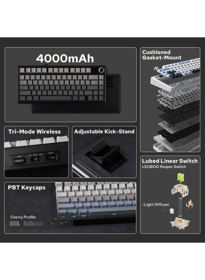 AULA F75 MAX Gaming Keyboard, 75% Hot Swappable Custom Mechanical Magnetic Keyboard with Knob&TFT Screen, 2.4GHz/Type-C/BT5.0, Gasket Creamy RGB Keyboards, for PC/Mac/Office/Gaming,Leobog Reaper Switch - Image 2