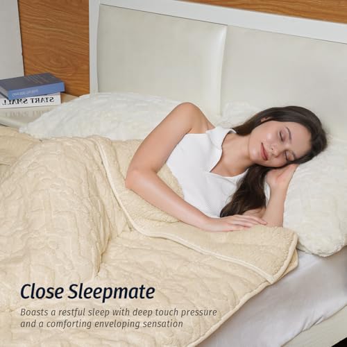 Wemore Weighted Blanket for Adults Twin Size 15 lbs, Dual Sided Soft Fuzzy Jacquard Sherpa Weighted Blankets for Sleeping, Cozy Fluffy Knitted Heavy Blanket for Couch Bed, Khaki, 48 x 72 inches - Image 3