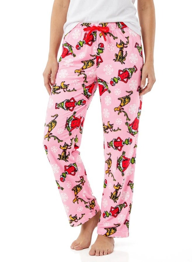 Dr. Seuss Womens' GRINCH and Max Snowflake Soft Fleece Plush Pajama Pants, Pink, L - Image 1