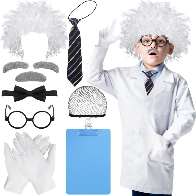 Suhine 9 Pieces Mad Scientist Costume Set Halloween Crazy Mad Scientist Wig Lab Coat Glasses Mustache Physicist Costume 67T - Image 3
