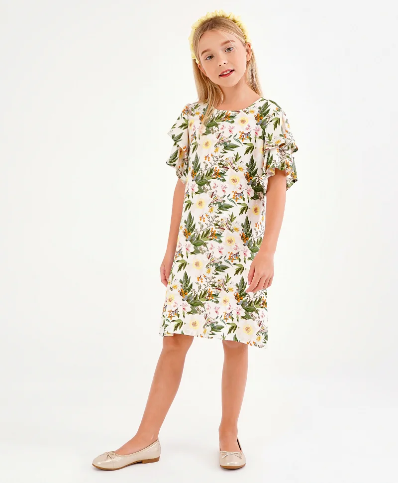 Primo Gino Primo Gino Tiered Sleeves All Over Flora Printed Frock Dress  - Green