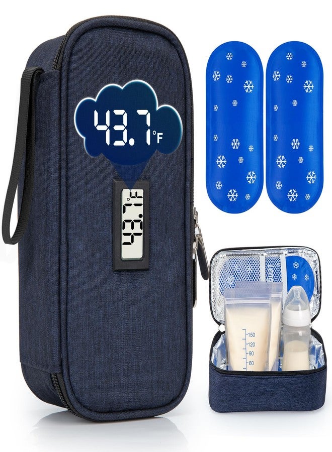 SUNMON Breast Milk Cooler Bag with Real-Time Temperature Display, Portable Travel Breastmilk Storage Case, Includes 2 Reusable Ice Packs, for Pumping Moms on The Go (Navy Blue) - Image 1