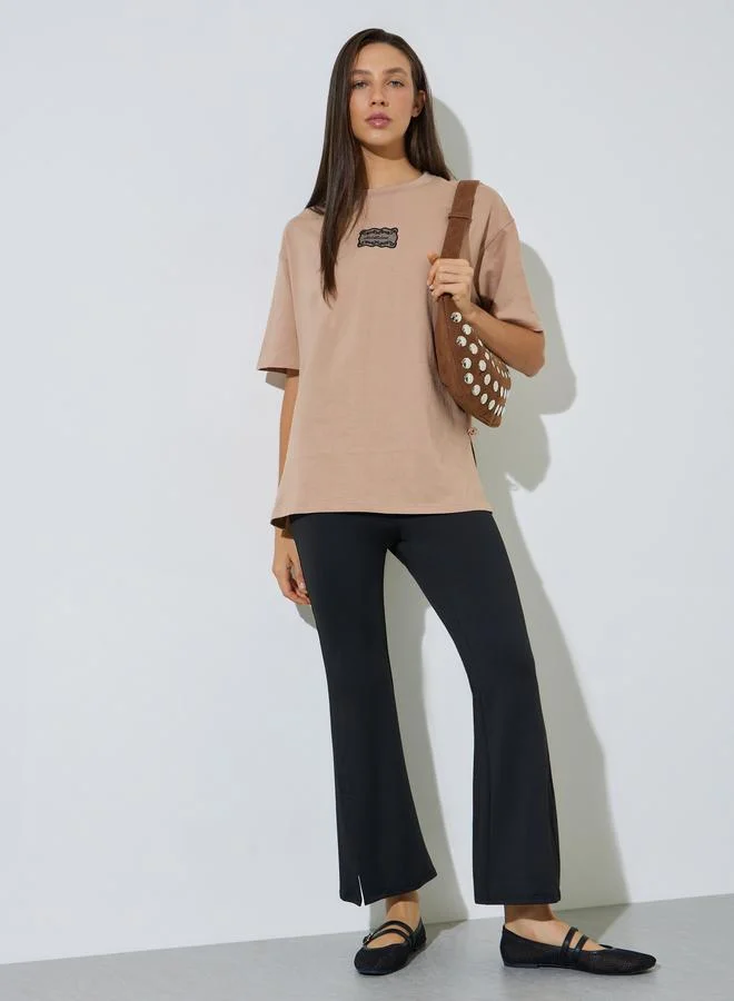 Styli Brown Side Tie Detail and Graphic Print Knitted T-Shirt