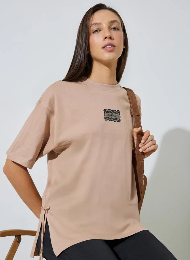 Styli Brown Side Tie Detail and Graphic Print Knitted T-Shirt