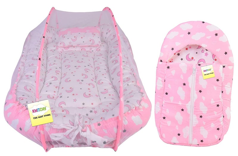 Kwitchy Baby Luxury Bedding for New Born Cushioned Mattress Carry Nest Cum Sleeping Bag 06 Months Pink 2PCS Set - Image 1