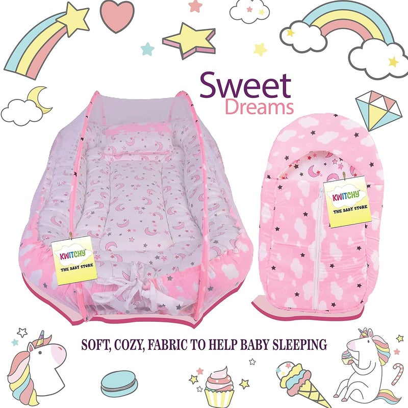 Kwitchy Baby Luxury Bedding for New Born Cushioned Mattress Carry Nest Cum Sleeping Bag 06 Months Pink 2PCS Set - Image 2