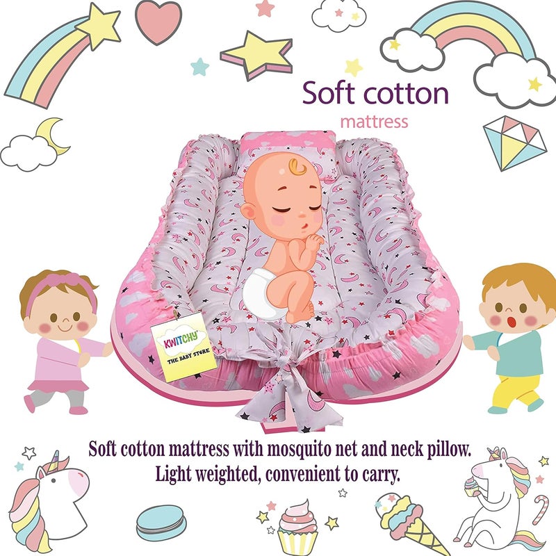 Kwitchy Baby Luxury Bedding for New Born Cushioned Mattress Carry Nest Cum Sleeping Bag 06 Months Pink 2PCS Set - Image 3