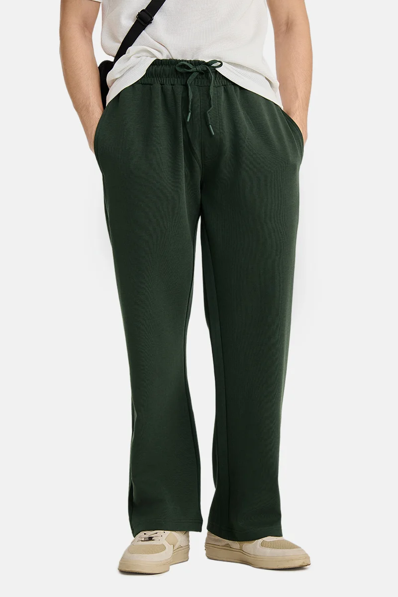 سنيتش Dark Olive Green Solid Loose Fit Casual Trousers