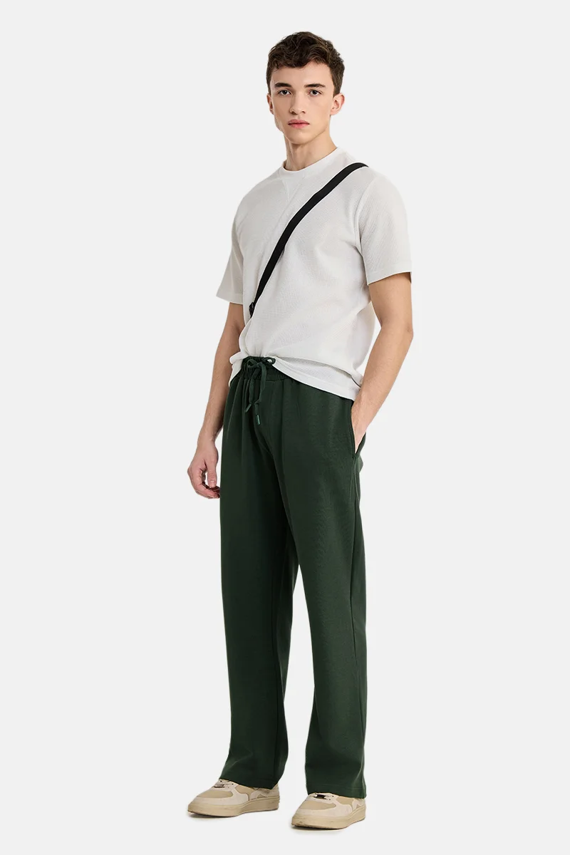 سنيتش Dark Olive Green Solid Loose Fit Casual Trousers