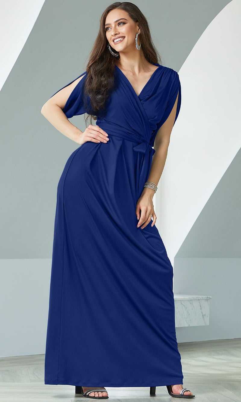 KOH KOH Womens Long Formal Short Sleeve V-Neck Full Floor Length V-Neck Flowy Crystal Cocktail Wedding Guest Party Bridesmaid Maxi Dress Dresses Gown Gowns, Cobalt/Royal Blue M 8-10 - Image 3