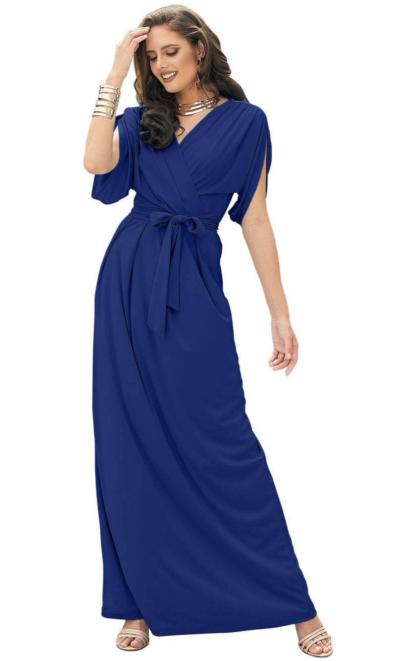 KOH KOH Womens Long Formal Short Sleeve V-Neck Full Floor Length V-Neck Flowy Crystal Cocktail Wedding Guest Party Bridesmaid Maxi Dress Dresses Gown Gowns, Cobalt/Royal Blue M 8-10 - Image 1