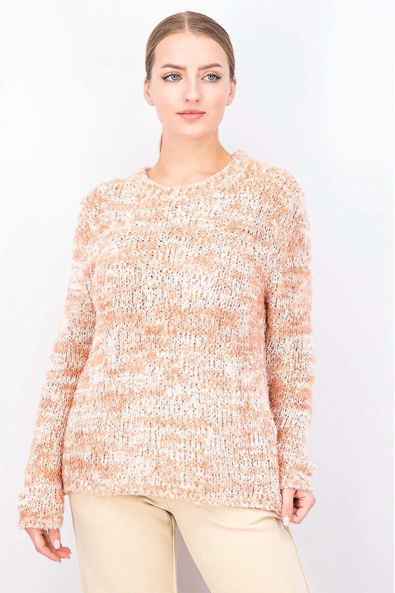 Uterque Women Crew Neck Textured Sweater, Coral and Off White - Image 1