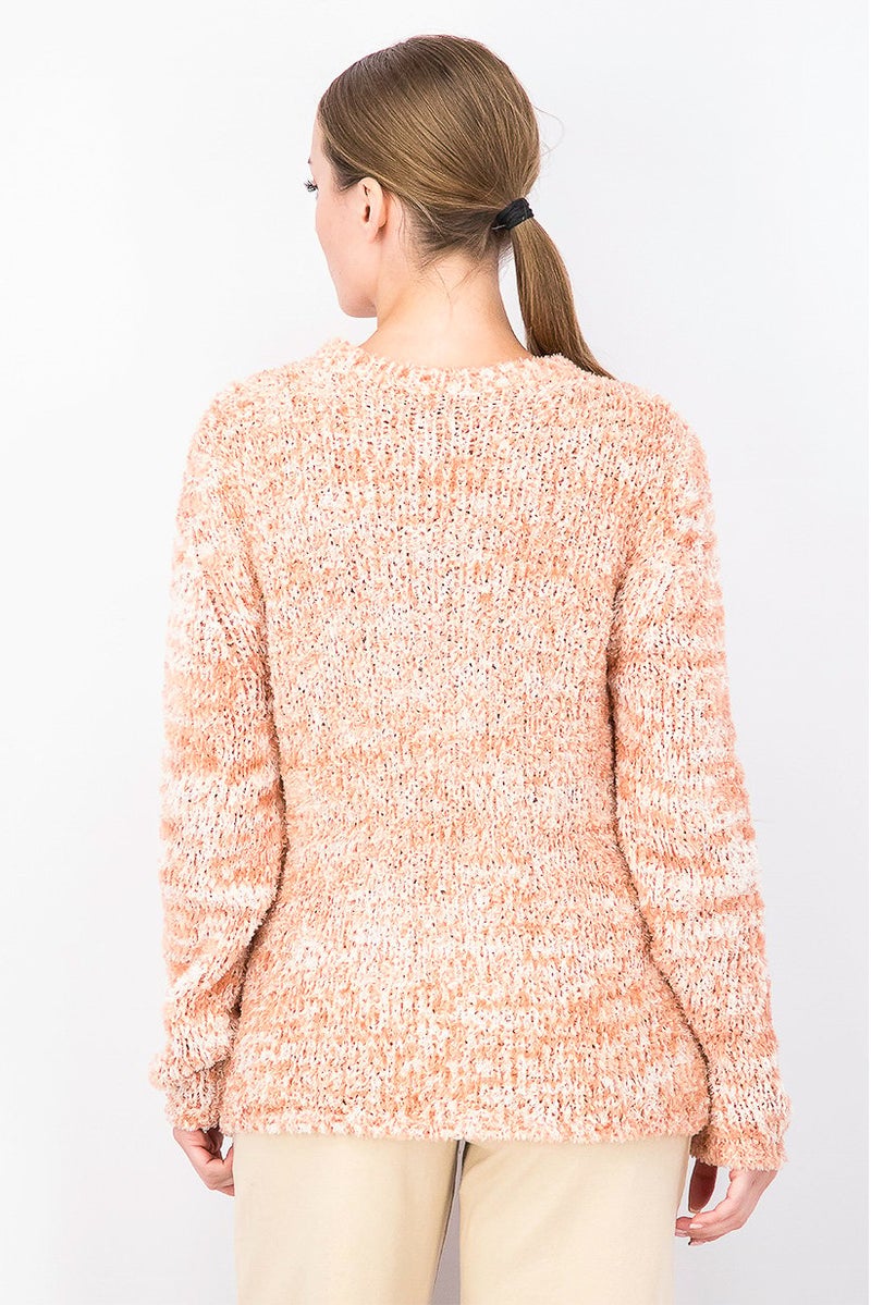 Uterque Women Crew Neck Textured Sweater, Coral and Off White - Image 3