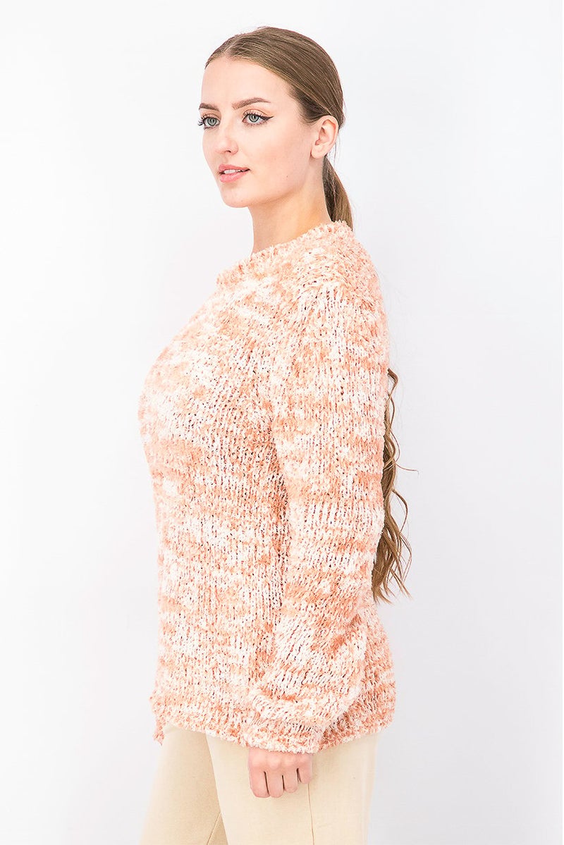 Uterque Women Crew Neck Textured Sweater, Coral and Off White - Image 4