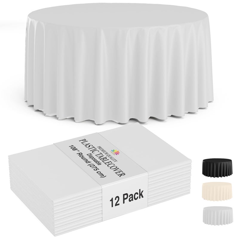 Party Solids 12-Pack White Round Plastic Tablecloth Disposable â€“ Size: 108 Inches â€“ Round Plastic Table Cloths for Parties, Picnics & Formal Events - Image 1