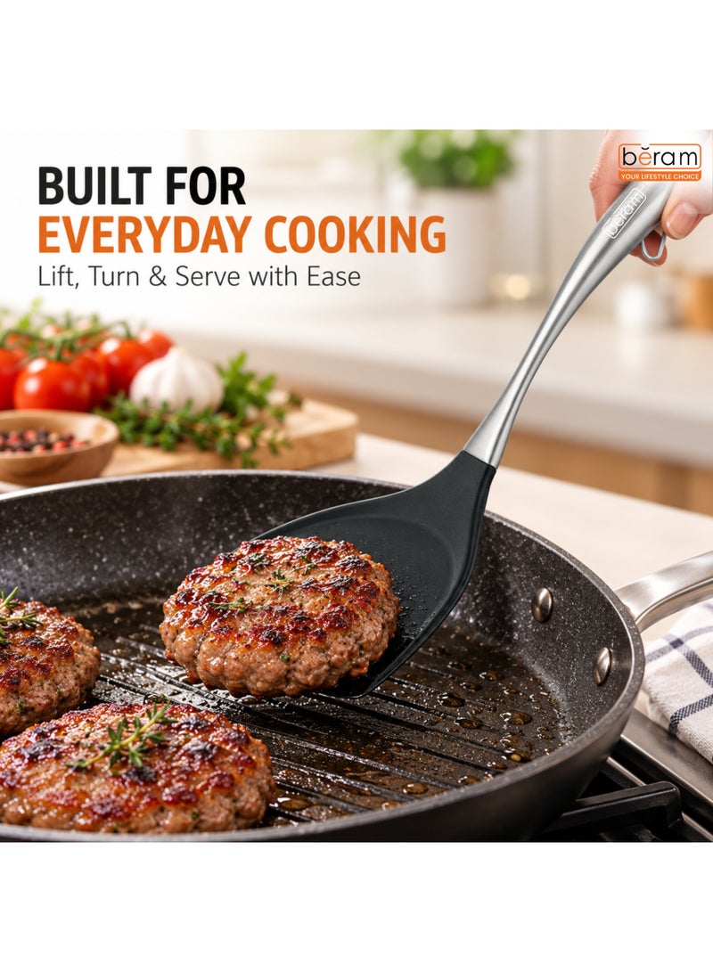 BERAM Black Silicone Turner, 10 x 35.5 cm Heat Resistant Cooking Turner with Stainless Steel Handle, BPA-Free, Non-Stick Safe Spatula for Flipping Eggs, Pancakes, Fish, Burgers & Everyday Cooking - Image 4