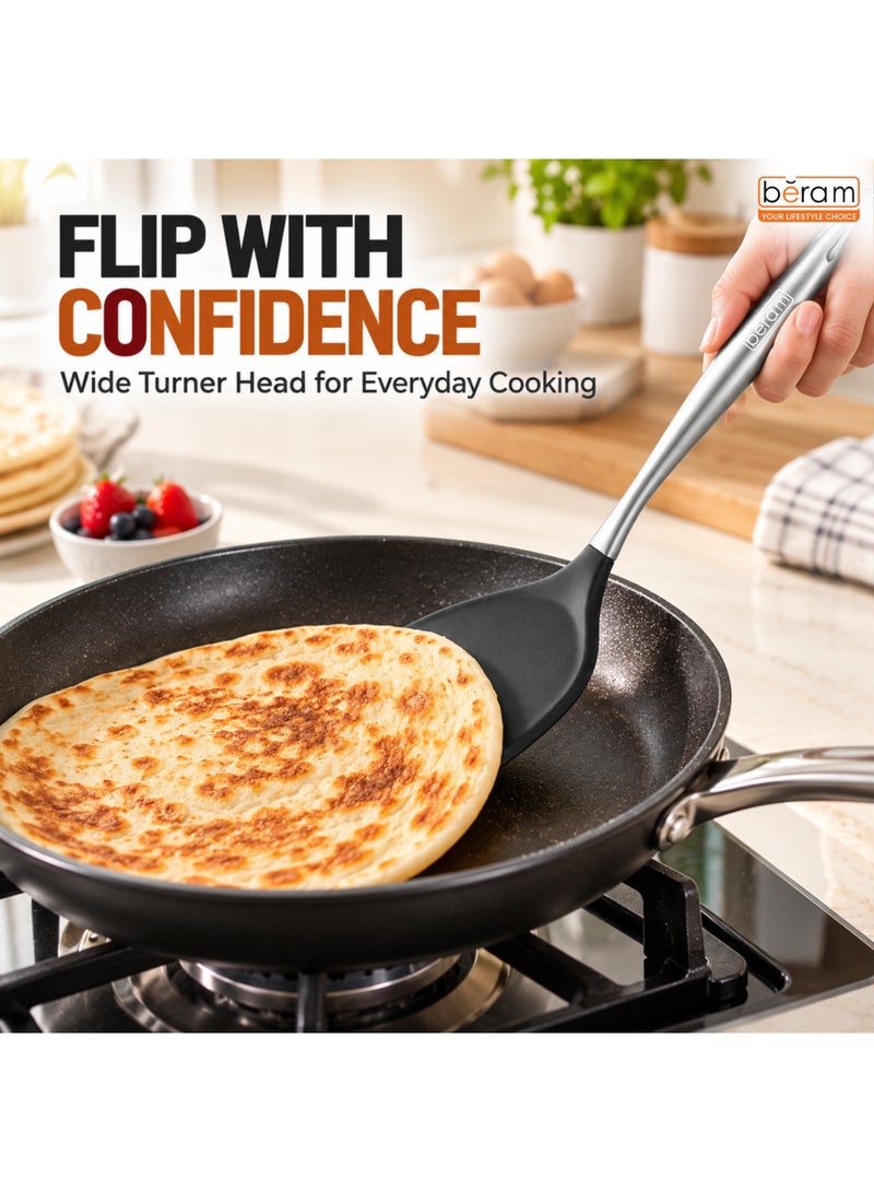 BERAM Black Silicone Turner, 10 x 35.5 cm Heat Resistant Cooking Turner with Stainless Steel Handle, BPA-Free, Non-Stick Safe Spatula for Flipping Eggs, Pancakes, Fish, Burgers & Everyday Cooking - Image 3