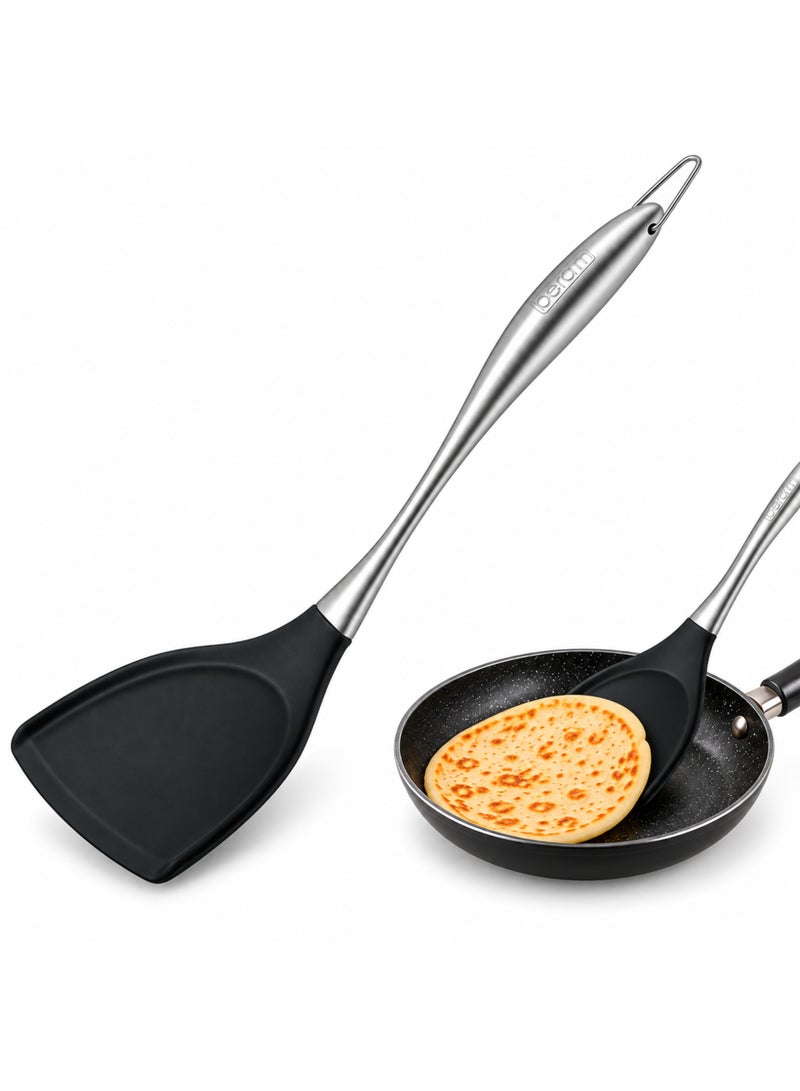 BERAM Black Silicone Turner, 10 x 35.5 cm Heat Resistant Cooking Turner with Stainless Steel Handle, BPA-Free, Non-Stick Safe Spatula for Flipping Eggs, Pancakes, Fish, Burgers & Everyday Cooking - Image 1