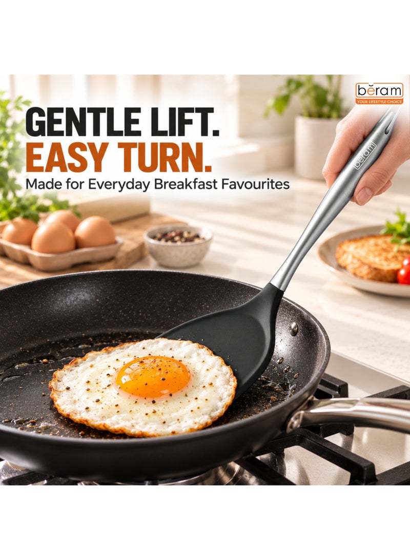 BERAM Black Silicone Turner, 10 x 35.5 cm Heat Resistant Cooking Turner with Stainless Steel Handle, BPA-Free, Non-Stick Safe Spatula for Flipping Eggs, Pancakes, Fish, Burgers & Everyday Cooking - Image 2