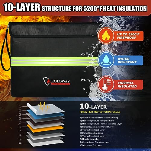 ROLOWAY Fireproof Document Bag (14 x 11 inch) with 5200℉ Upgraded Aluminum Foil Layer, Fireproof Bag for Documents with Reflective Strip and Zipper (Black) - Image 2