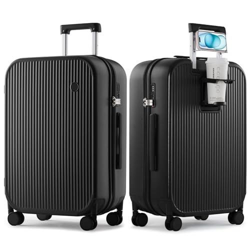 mixi Checked Luggage with Cup Phone Holder Hard Shell Rolling Travel Suitcases with Spinner Wheels,26 Inch Black - Image 1
