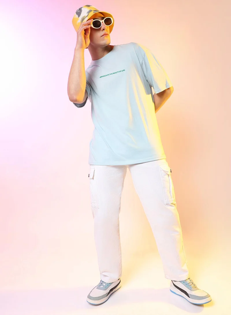 Campus Sutra Campus Sutra Men's Powder Blue Printed Oversized Basic T-Shirt