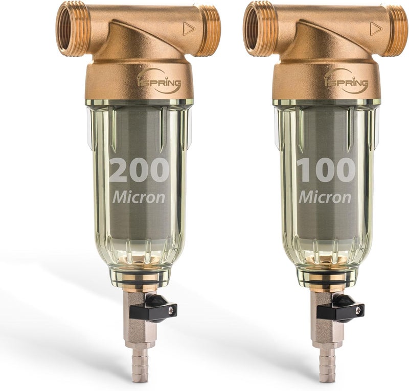 iSpring iSpring WSP2PK21 Reusable Whole House Spin Down Sediment Water Filters Twin Pack with 200 Microns and 100 Microns Filter Sizes Clear Housing LeadFree Brass  - Image 1