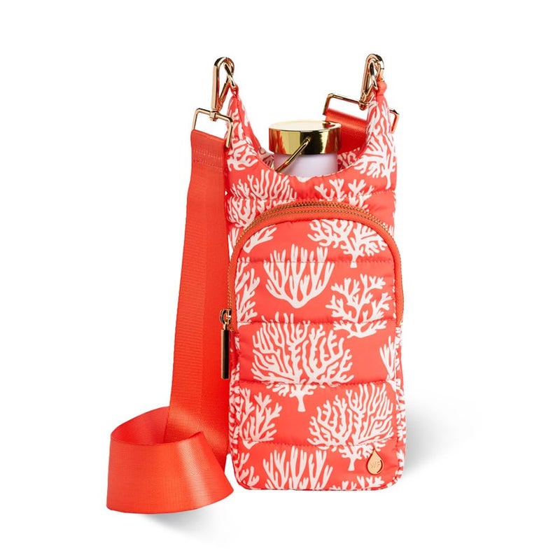 WanderFullÂ® Original HydroBagÂ®, Fits Up to 32 oz Water Bottle Holder with Strap, Gift for Women, Hands-Free Crossbody, Water Bottle Carrier Bag with Phone Pocket - Coral Print - Image 1