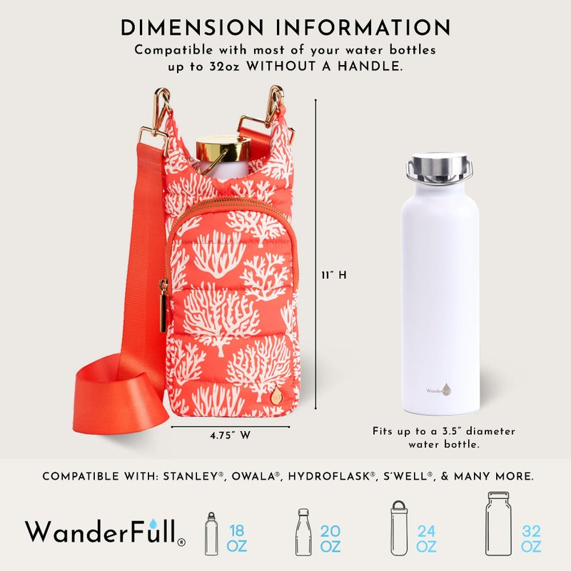 WanderFullÂ® Original HydroBagÂ®, Fits Up to 32 oz Water Bottle Holder with Strap, Gift for Women, Hands-Free Crossbody, Water Bottle Carrier Bag with Phone Pocket - Coral Print - Image 3