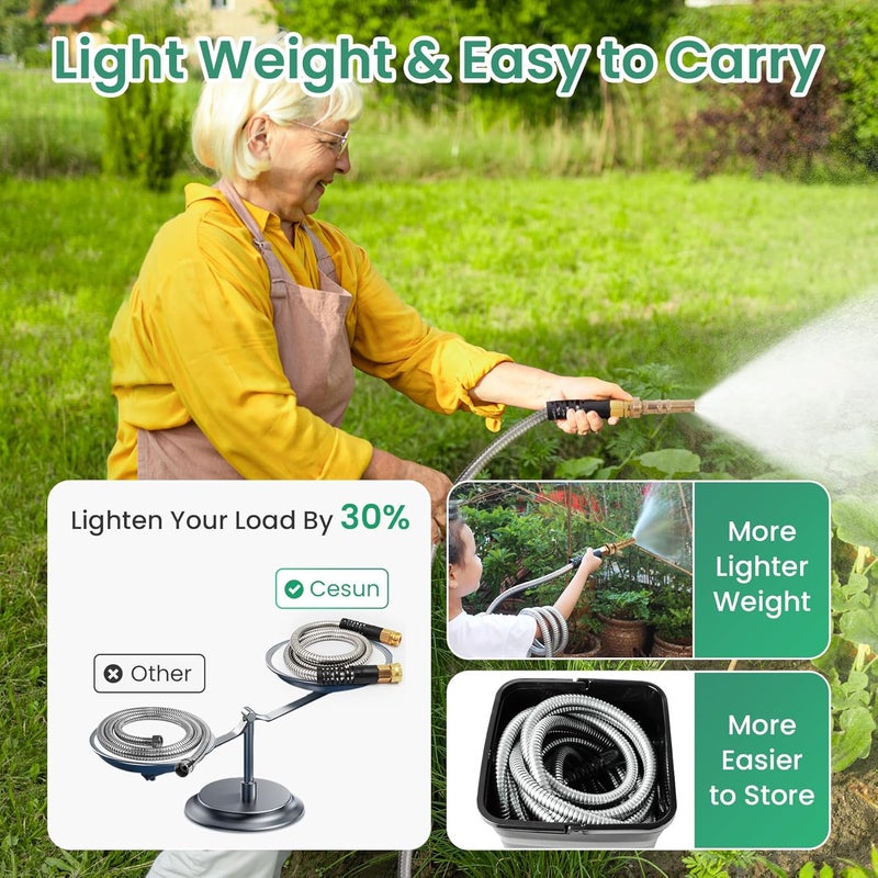 Cesun Ultra-Sturdy 25ft Metal Garden Hose - 304 Stainless Steel, Flexible & Kink-Free, UV Resistant, All-Weather, Includes High-Pressure Brass Nozzle - Ideal for Home & Outdoor Use - Image 1