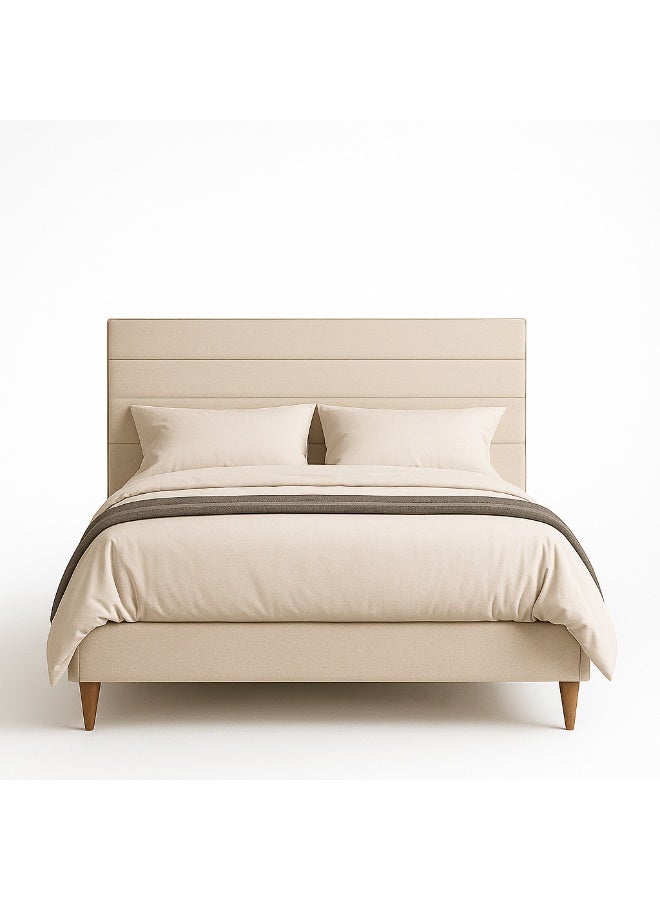 KUSTOMDECO Modern Fabric Upholstered Double Size Bed Frame with Headboard | Premium Soft Linen Platform Bed with Wooden Legs by KustomDeco (Beige) - Image 1