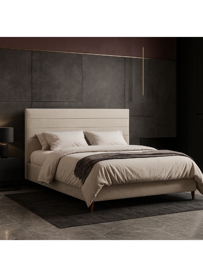 KUSTOMDECO Modern Fabric Upholstered Double Size Bed Frame with Headboard | Premium Soft Linen Platform Bed with Wooden Legs by KustomDeco (Beige) - Image 4