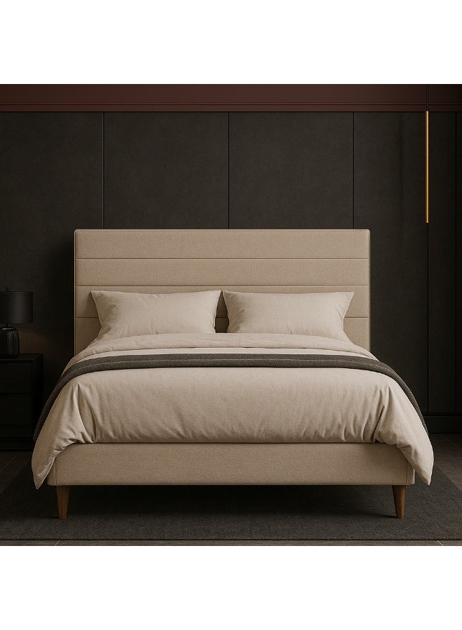 KUSTOMDECO Modern Fabric Upholstered Double Size Bed Frame with Headboard | Premium Soft Linen Platform Bed with Wooden Legs by KustomDeco (Beige) - Image 3