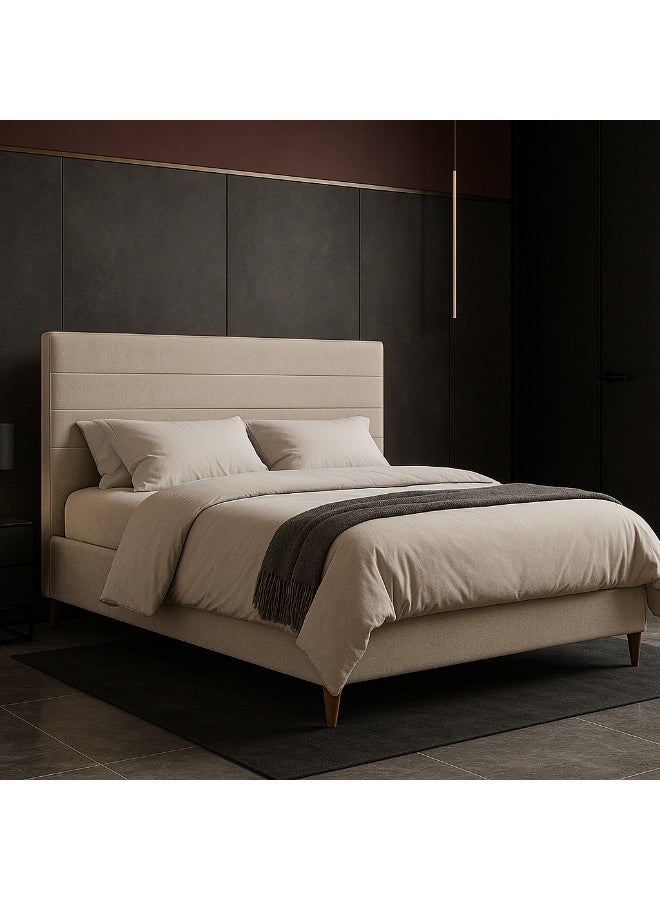 KUSTOMDECO Modern Fabric Upholstered Double Size Bed Frame with Headboard | Premium Soft Linen Platform Bed with Wooden Legs by KustomDeco (Beige) - Image 2