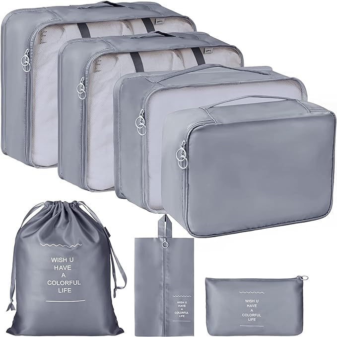 BESTOTTAM Packing Cubes for Suitcase 7 Pcs Travel Cubes Set for Suitcase and Luggage Organizers Packing Cubes for Travel Foldable and Lightweight Black Grey