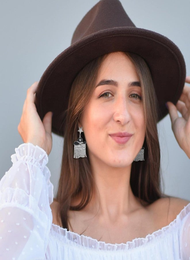 RechicGu Western Enamel Cowboy Star Hat Earrings for Women, Sparkle Rhinestone Tassels Country Concert Rodeo Outfit Fringe Drop Dangle Earrings,Black Hat - Image 3