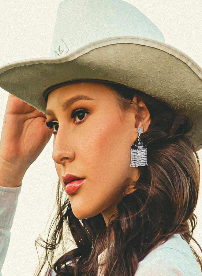RechicGu Western Enamel Cowboy Star Hat Earrings for Women, Sparkle Rhinestone Tassels Country Concert Rodeo Outfit Fringe Drop Dangle Earrings,Black Hat - Image 4