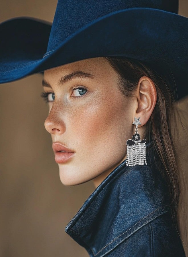 RechicGu Western Enamel Cowboy Star Hat Earrings for Women, Sparkle Rhinestone Tassels Country Concert Rodeo Outfit Fringe Drop Dangle Earrings,Black Hat - Image 2