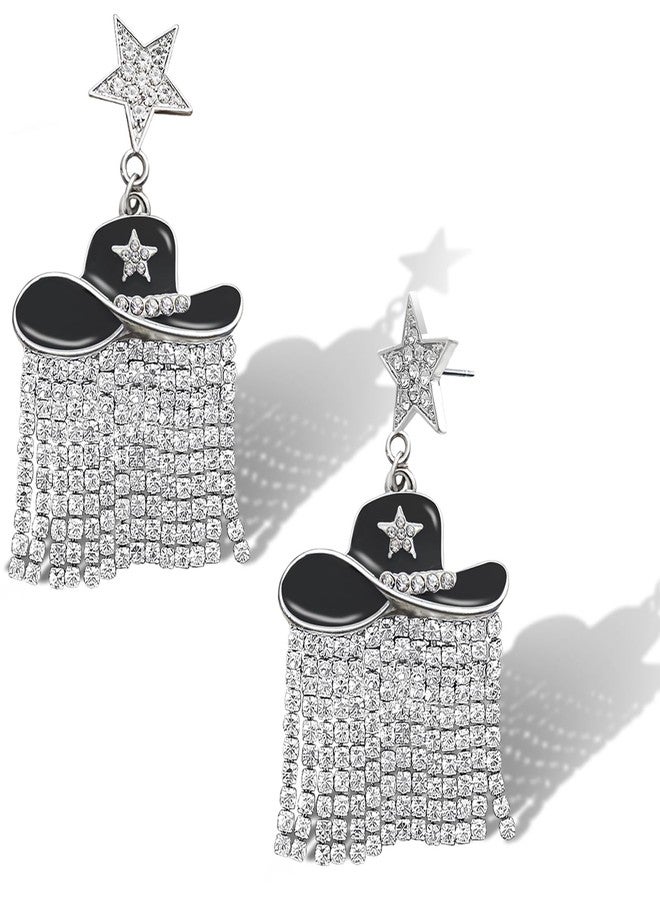 RechicGu Western Enamel Cowboy Star Hat Earrings for Women, Sparkle Rhinestone Tassels Country Concert Rodeo Outfit Fringe Drop Dangle Earrings,Black Hat - Image 1
