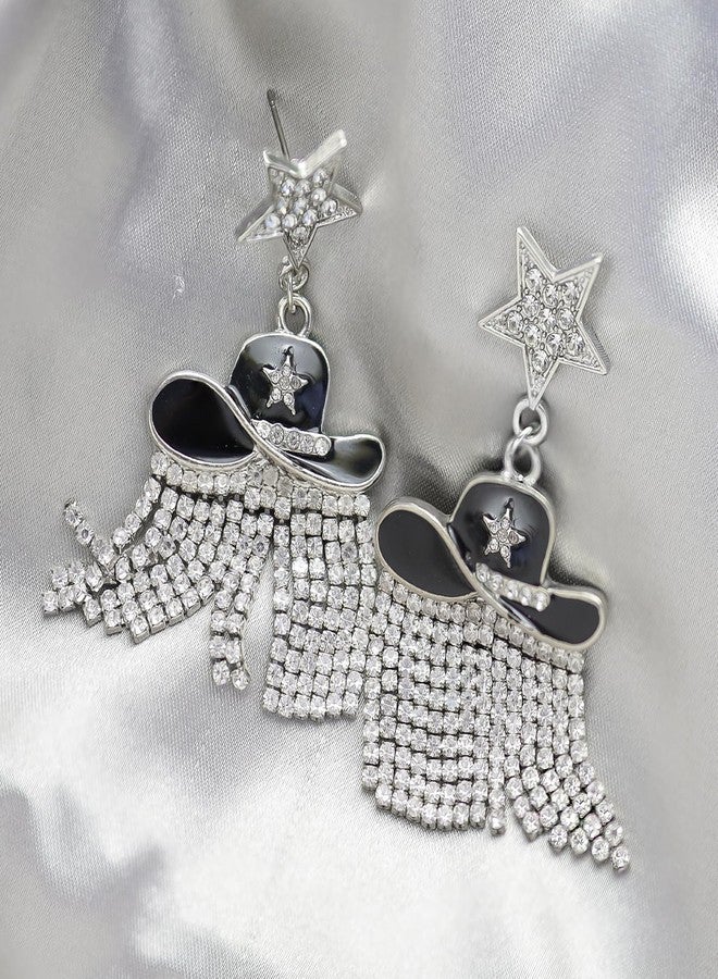 RechicGu Western Enamel Cowboy Star Hat Earrings for Women, Sparkle Rhinestone Tassels Country Concert Rodeo Outfit Fringe Drop Dangle Earrings,Black Hat - Image 5